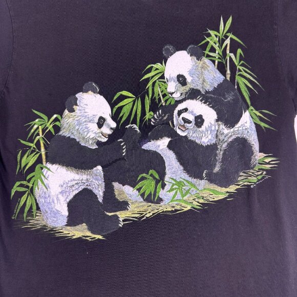 Vintage 90s Panda Graphic T-Shirt Black Bamboo Print Men’s Medium Wildlife - Picture 2 of 7